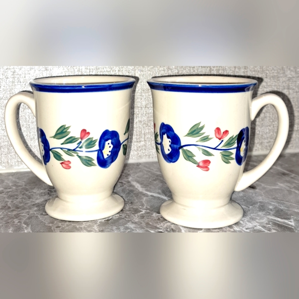 Design Pac Hand Painted Floral Coffee Mug 4.25" Tall Set of 2 Footed Mugs